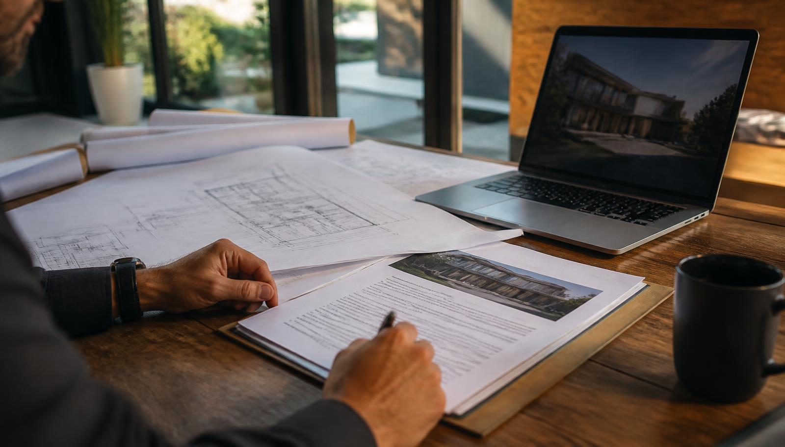 Homeowner reviewing a detailed construction proposal with architectural plans and a laptop
